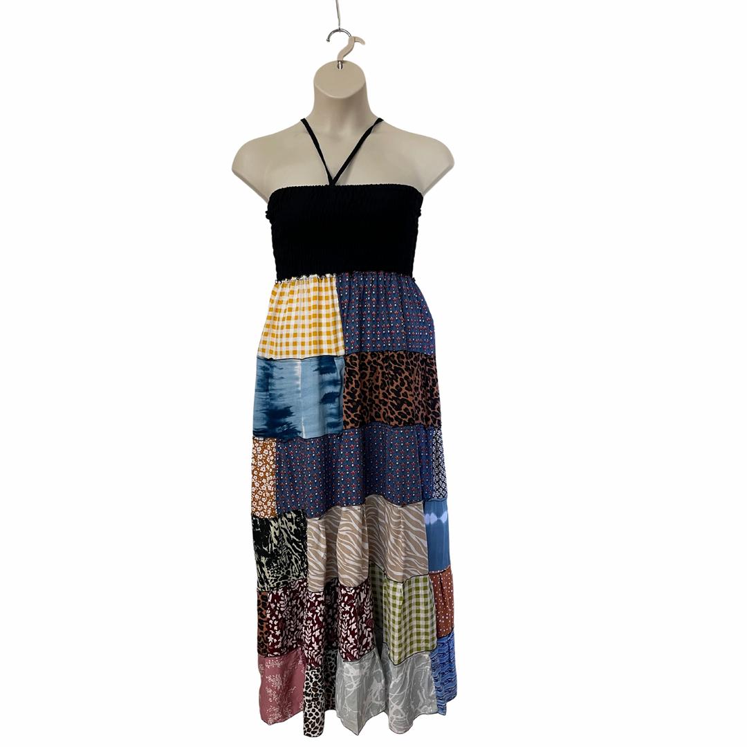 Black Bandeau stretchy, Top.
Patchwork middi dress, lightweight, stunning beach dress